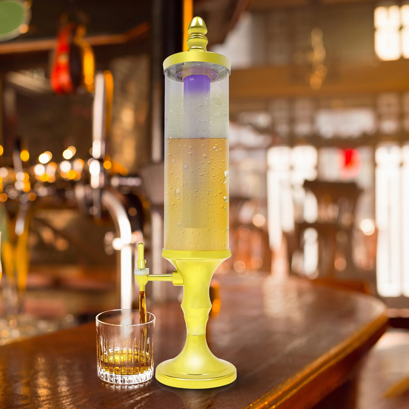 3L Beer Tower Dispenser with LED Lights, 102oz Large Capacity, Ice Tube Cooling, Leak-Proof Faucet, Easy-Clean, Portable Party Drink Server for Home, Bar, Camping, Outdoor Use