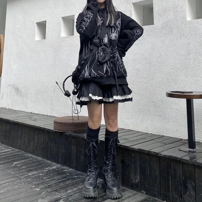 HOUZHOU Khu Goth Gothic Ren Xù Mini Váy Nữ Bông Tai Kẹp Cổ Tích Grunge Đen Váy Xếp Ly Nhật Bản Lolita DẠO PHỐ