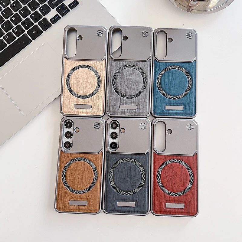 Rahmenlose Holzmaserung Leder Magnetische Hülle für Magsafe Samsung Galaxy S26 Ultra S25 S24 Plus S23 S22 Ultra A55 A35 A56 A36 A37