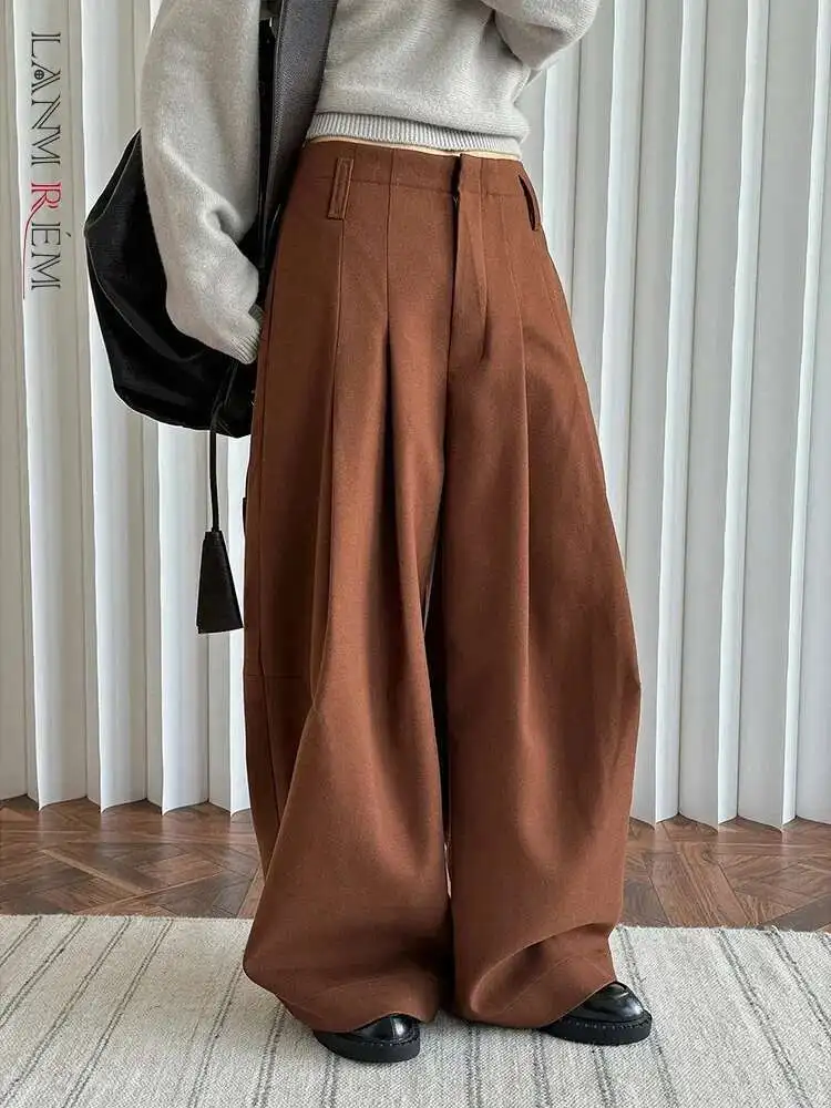 [LANMREM] 2025 Winter Neue Dicke Warme Hosen Für Frauen Hohe Taille Gefaltete Breite Bein Hosen Büro Dame Kleidung minimalismus 26C967