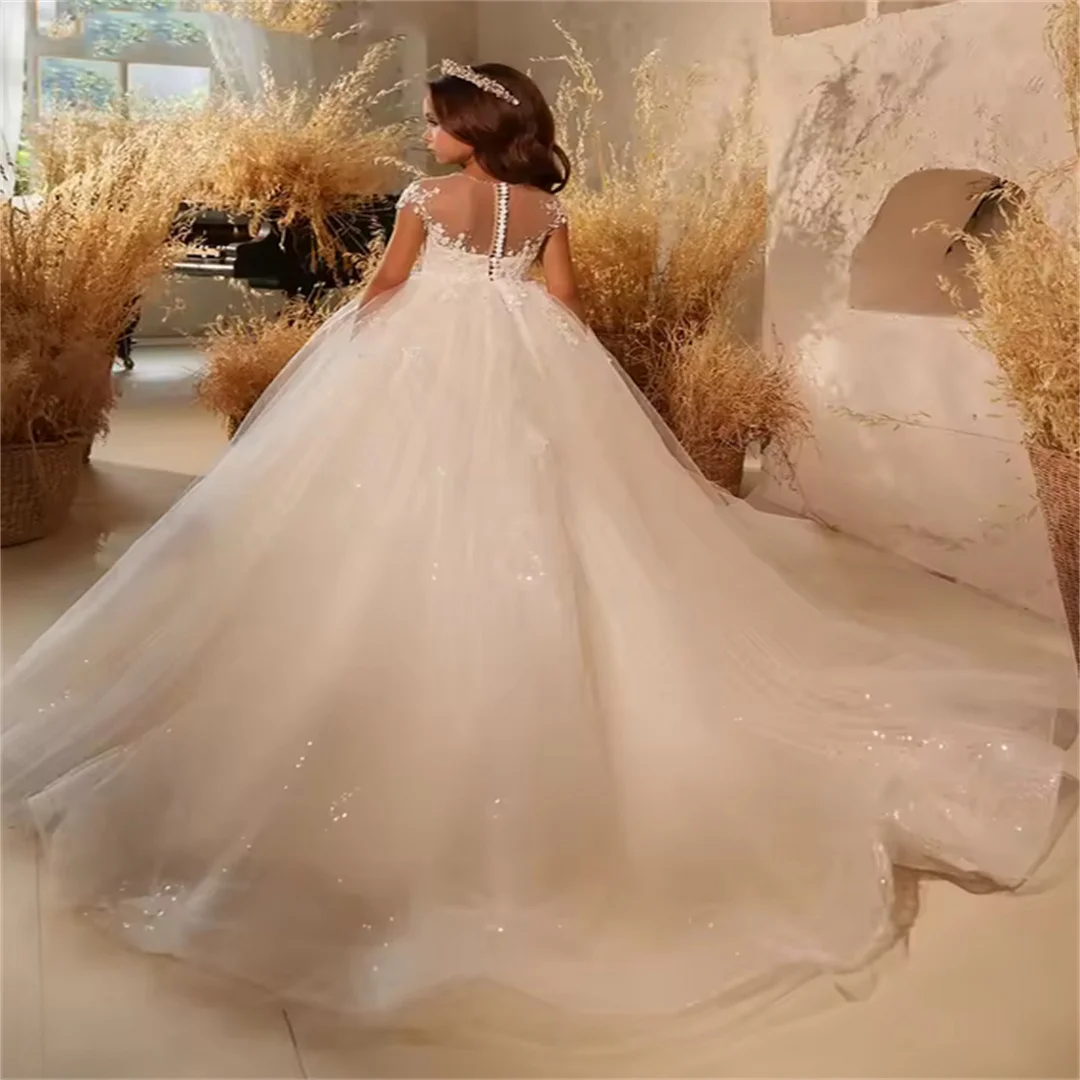 Elfenbeinfarbenes, elegantes Blumenmädchenkleid für die Hochzeit, Spitze, glänzender Tüll, bodenlang, Kindergeburtstag, Partykleid, Prinzessin, Ballkleid