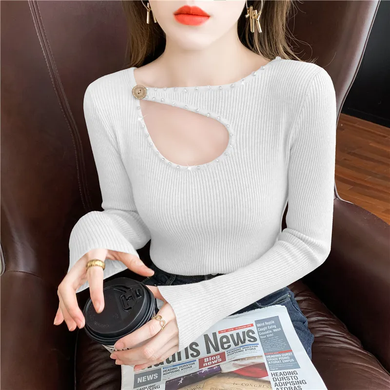 Ladies Fashion Irregular collar Nail bead Basics Sweater Women Spring Autumn Fashion Casual Woman Female OL girls Cute Pullover