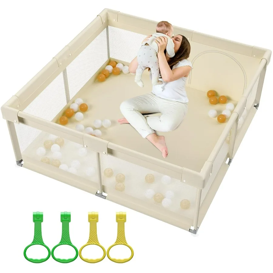 ZEEBABA Box Beige per Bambini 59x59 in Box per Neonati e Piccoli Penna da Gioco per Cortile da Gioco per Neonati con Cancello Senza Tappetino