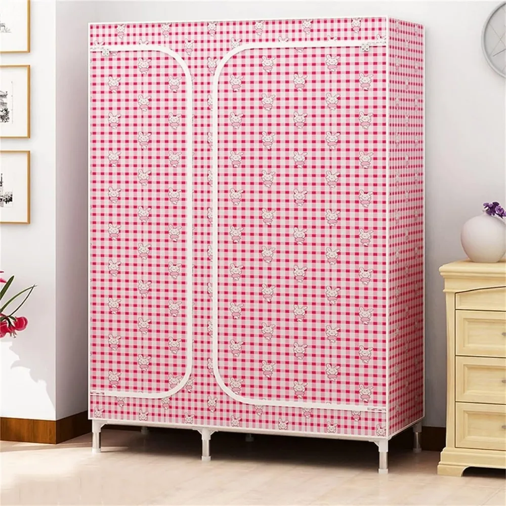 خزانة ملابس معدنية محمولة مقاس 66.14 بوصة مع 2 قضبان تعليق، غطاء قماشي لمنظم تخزين ملابس غرفة النوم