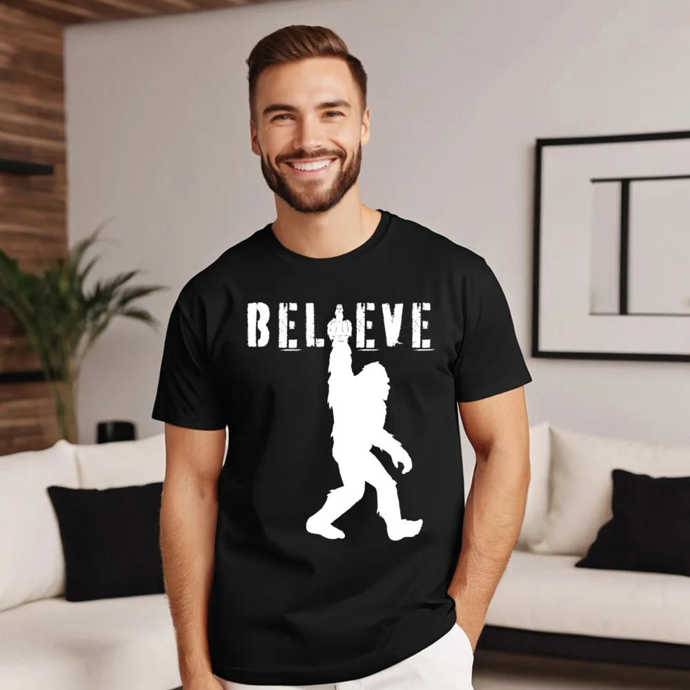 Latest Funny Bigfoot Middle Finger for Short Sleeve T Shirts VALENTINE DAY O-Neck 100% Cotton Tops Tees for Men T-shirts Funny