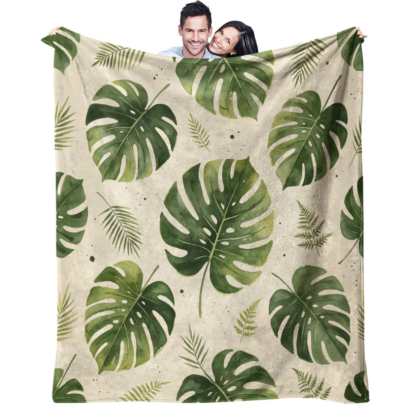 Microfiber Throw Blanket,Ultra-Soft,Skin-Friendly,Portable,Durable,Monstera Fern Watercolor Leaves Print,Modern Bedroom Decor
