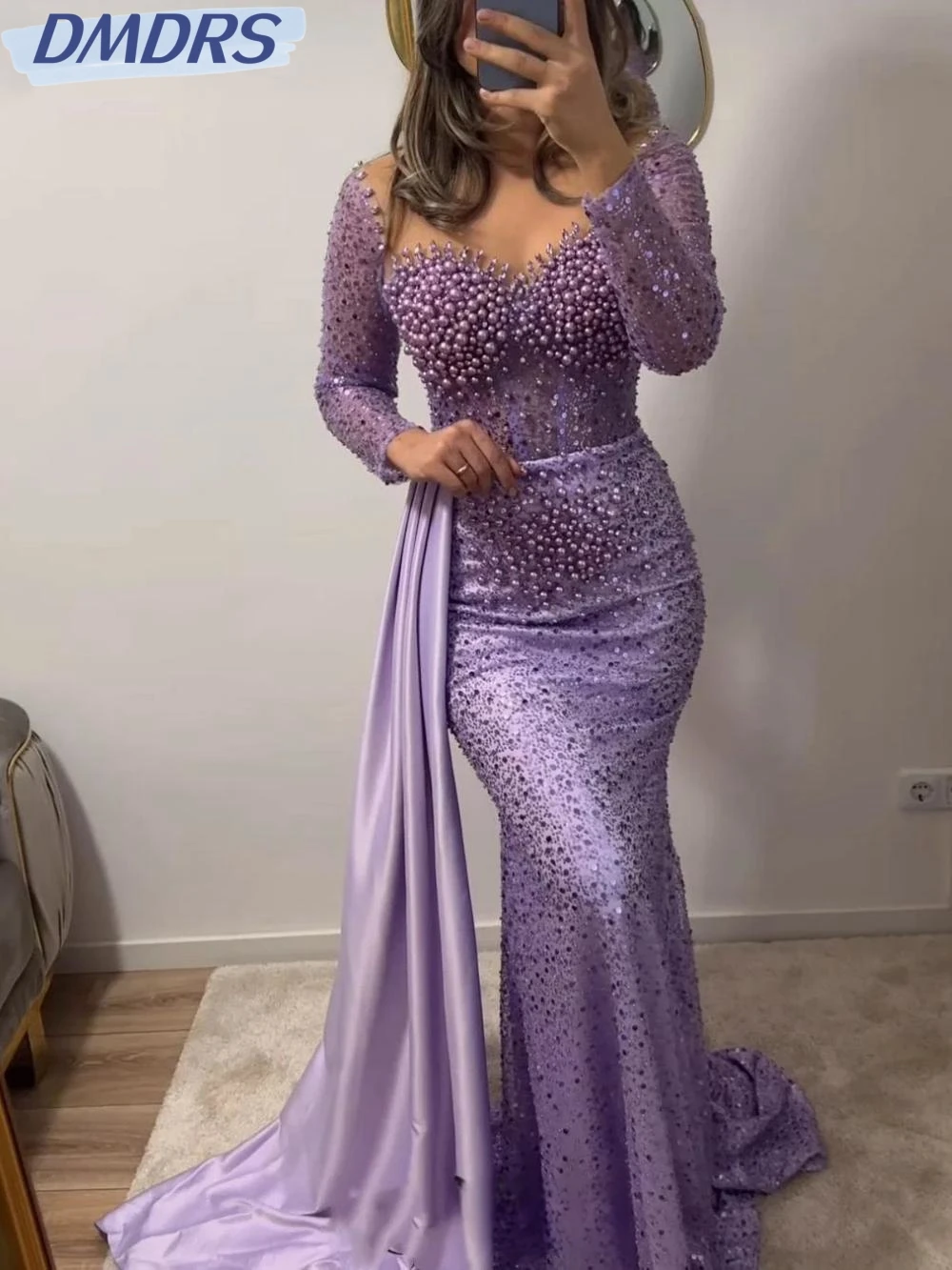 

Purple Mermaid Long Prom Gown Sparkly Sequins Pearls Cocktail Dresses Romantic Sweetheart Neck Evening Dress Robe De Mariée