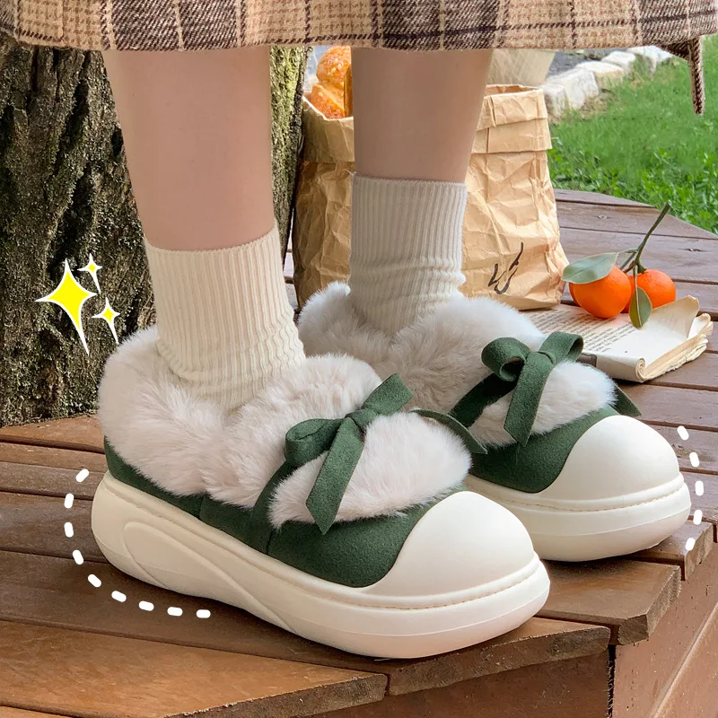 

Warm Cotton Slippers Women Soft Plush Thick Sole Indoor Home Floor Footwear Short Ankle fur Boots with Platform Heels Bow-knot