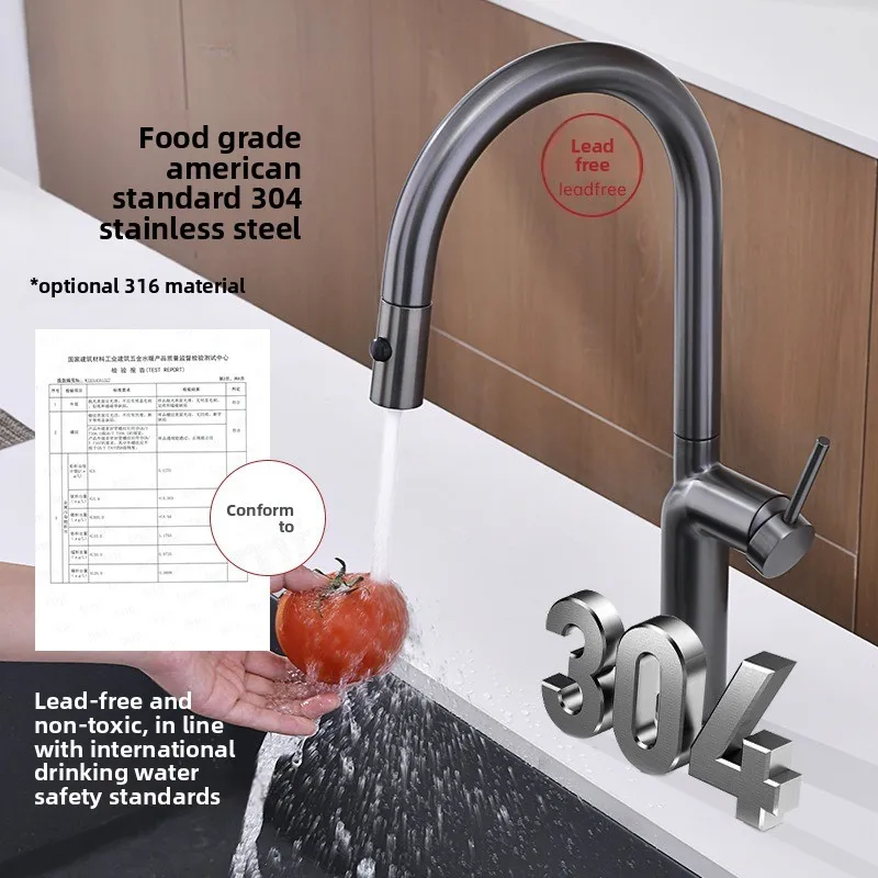 

304 Stainless Steel Pull Out Kitchen Faucet, 360° Swivel Dual Spray Sink Faucet
