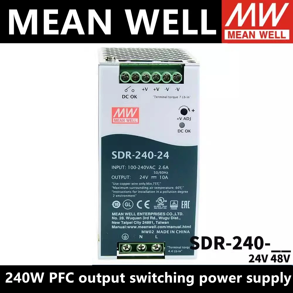 

Taiwan MEAN WELL SDR-240 Series 240W Single Output Industrial DIN RAIL Power Supply with PFC Function SDR-240-24 SDR-240-48