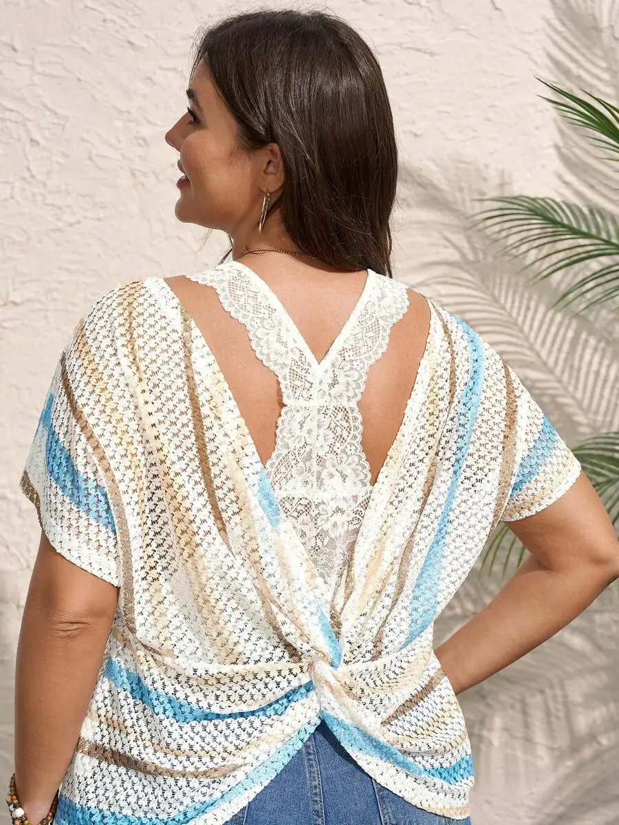 

Women Contrast Lace Back Twist Batwing Short Sleeve Top Summer Open Back Boho Casual Tee