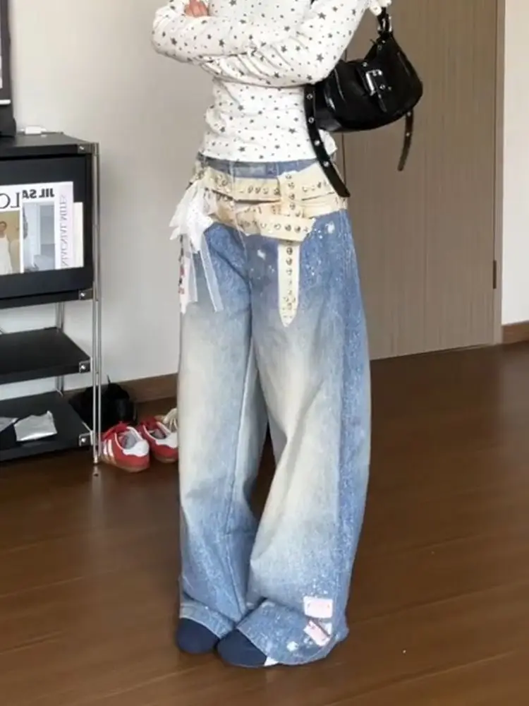 ديبتاون الأزرق خمر الجرافيك المرأة المتعثرة الجينز غسلها واسعة الساق النمط الأمريكي مستقيم سراويل جينز فضفاض عادية Gyaru