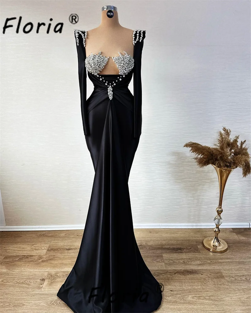 Black Satin Mermaid Evening Dress Long Sleeves Elegant Crystal Pleats Formal Occasion Ceremony Gowns Plus Size Vestidos de Gala