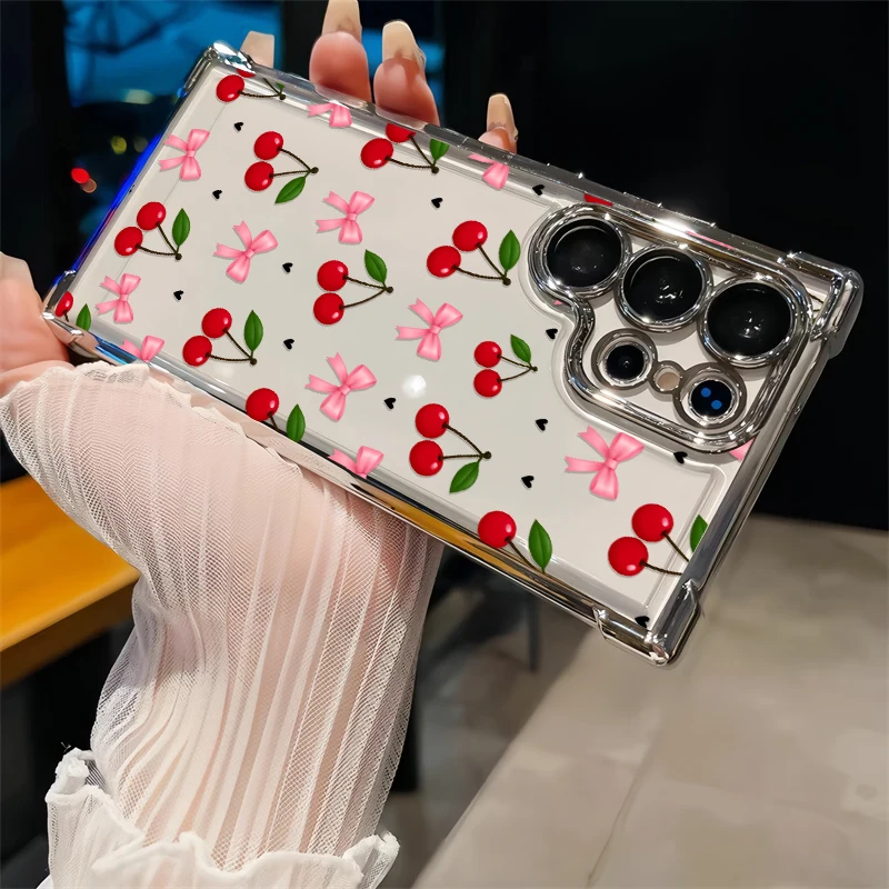Red Cherry Bow Case For Samsung Galaxy A57 A37 A27 A56 A36 A26 A17 A16 A15 A53 A35 A33 A54 A24 A23 A13 TPU Dustproof Cases Coque