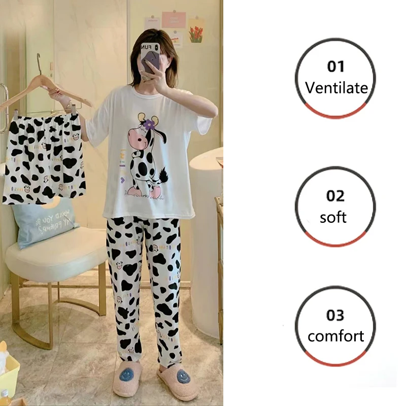 Three Piece Bear & Cow Patterned Casual Women Pajamas Young Girls Floral Colorful Sleepwear Round Neck Loungewear Cute Homewear