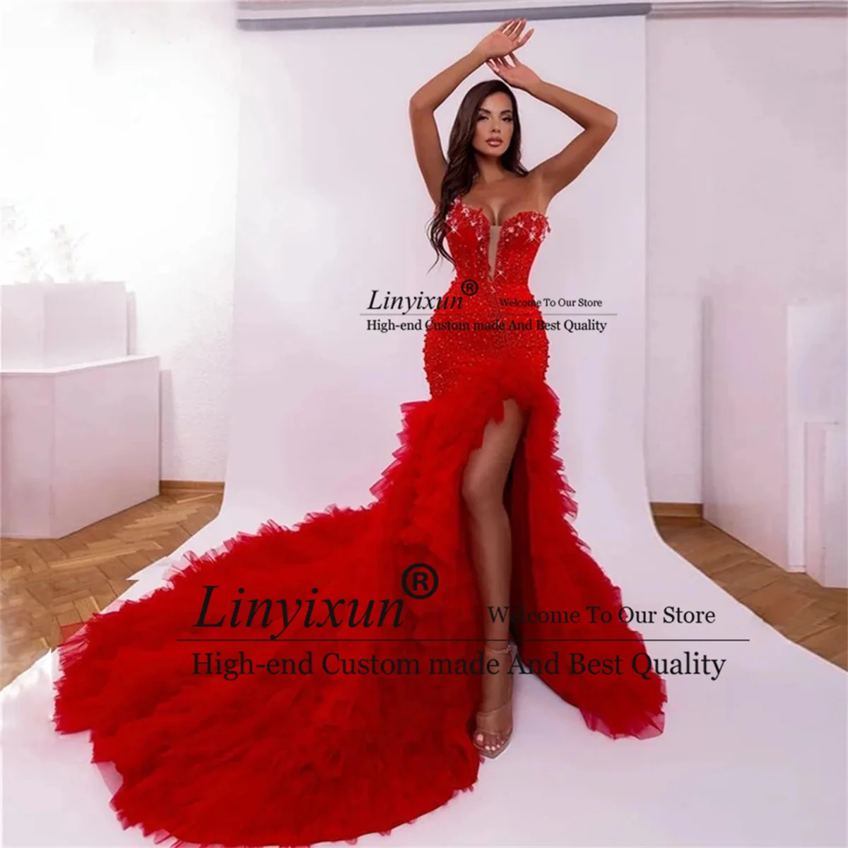 豪華な赤い人魚の形をしたウエディングドレス,チュールのティアードドレス,クリスタルビーズのイブニングドレス,長くてカスタマイズされたaso ebiフォーマルウェア