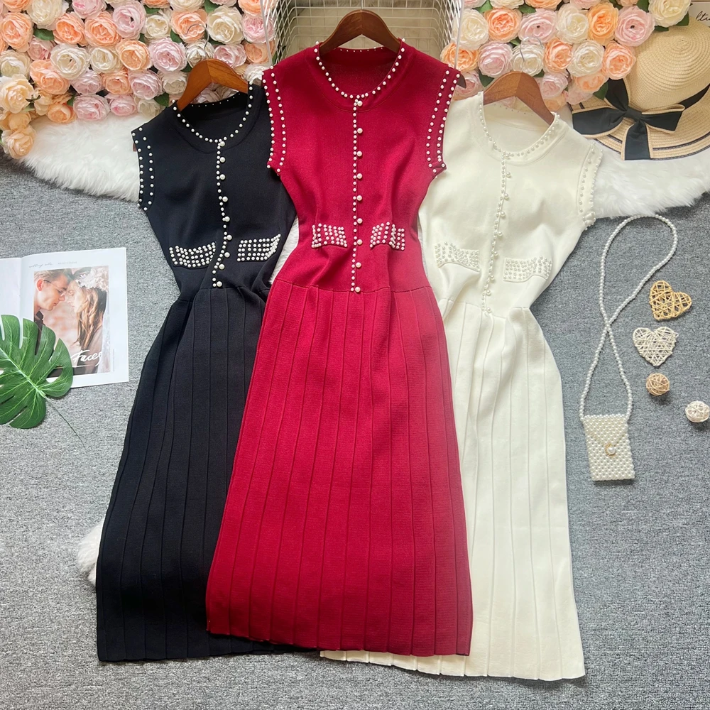 YuooMuoo Marke Mode Perlen Luxus Designer Kleider 2025, Frau Elegante Gefaltete Einteilige Gestrickte Lange Kleid Dame Party Vestido