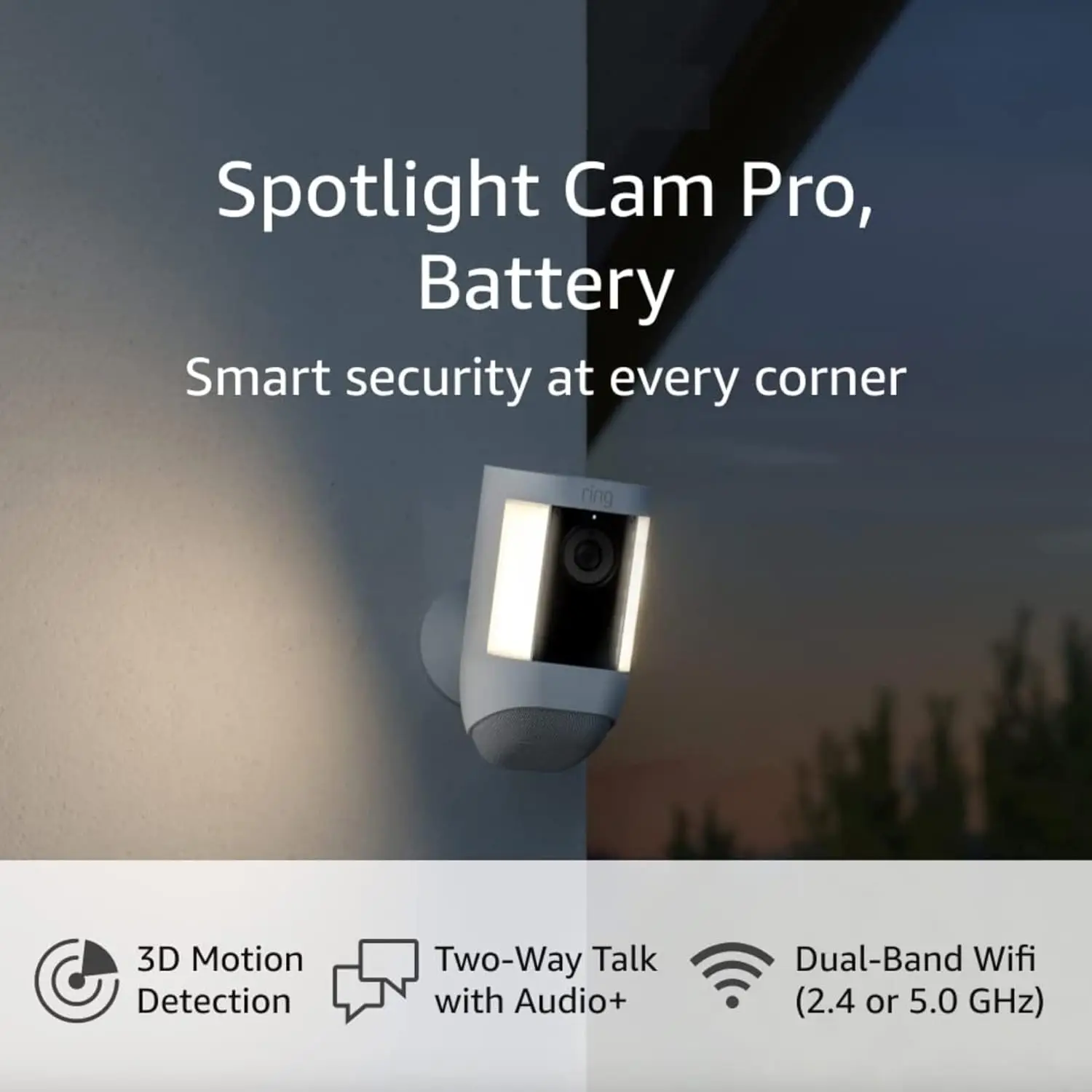 

Ring Spotlight Cam Pro, Battery | 3D Motion Detection, Two-Way Talk with Audio+, and Dual-Band Wifi (2022 release) - White