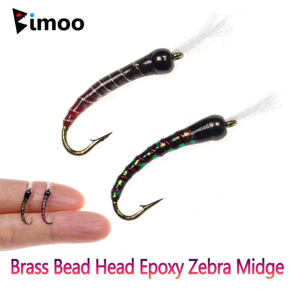 Bimoo 8pcs #14 Brass Bead Head Epoxy Zebra Midge Fly W Barb Fly Tying Hook Copper Wire Rib Nymph Fly Trout Fishing Lures Baits