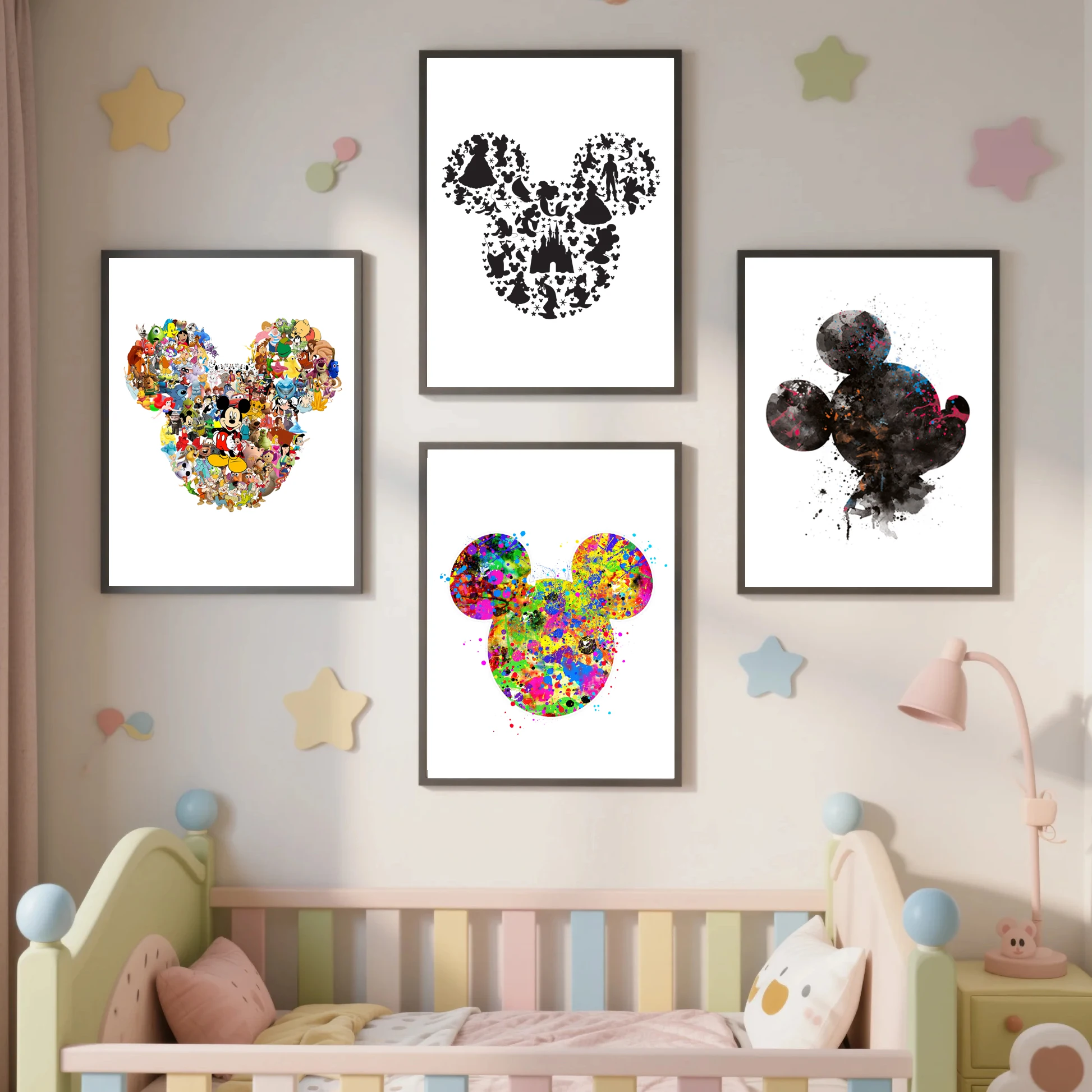 Mickey-Maus-Kunstdrucke, Aquarell-Poster mit Disneyland-Charakteren, Abstrakte Mickey-Maus-Leinwandgemälde, Kinderzimmer-Wanddekoration