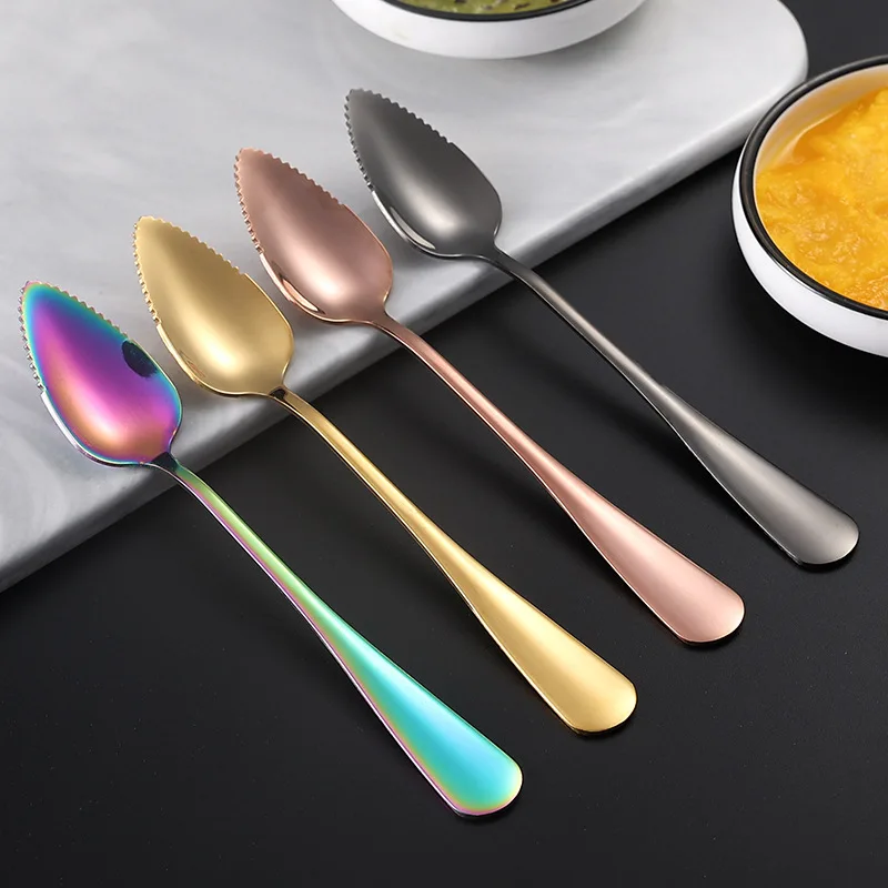 Withered  Customized stainless steel tableware scraper spoon, baby food aid tool, fruit scraper with serrated spoon 1010