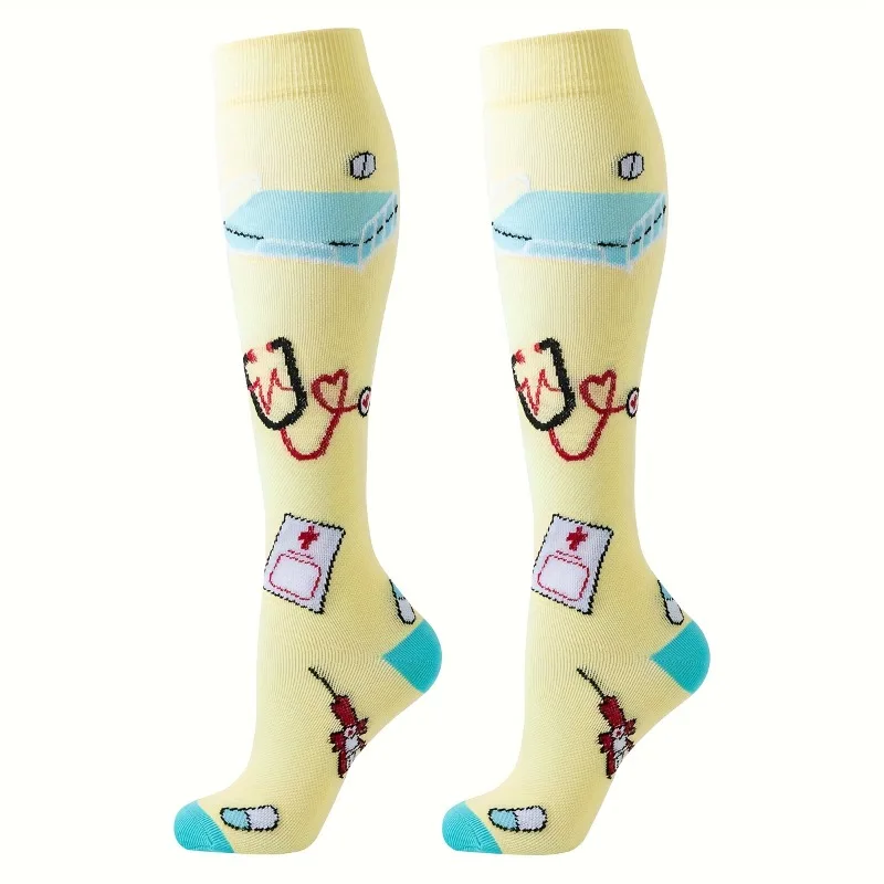 6 Pairs Circulation Athletic Nurse Compression Socks Women Heart Pattern Knee High Socks Women Dentist Nurse Compression Sock