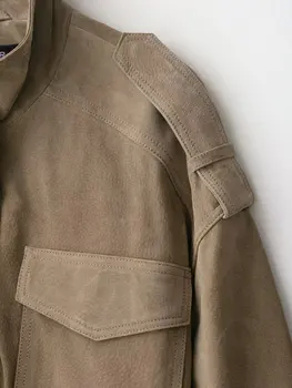 KONDALA Chic Suede Women Bomber Jacket Women Long Sleeve Pockets Straight Loose Coat Fashion 2025 Fall Winter Streetwear Outwear 5