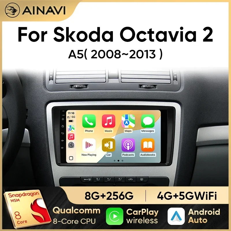 Ainavi Car Radio For Skoda Octavia A5 2 2008-2013 Wireless Carplay Android Auto Car Multimedia Player 2 Din