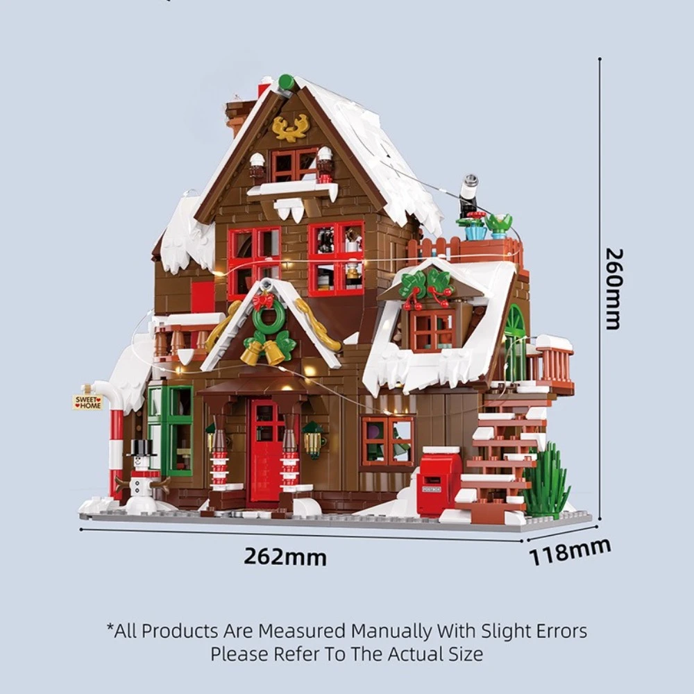 MOC كبير بهيجة عيد الميلاد خشبية الشتاء منزل اللبنات مجموعة الزنجبيل سقف الثلج كوخ مع ألعاب خفيفة الأطفال هدايا عيد الميلاد