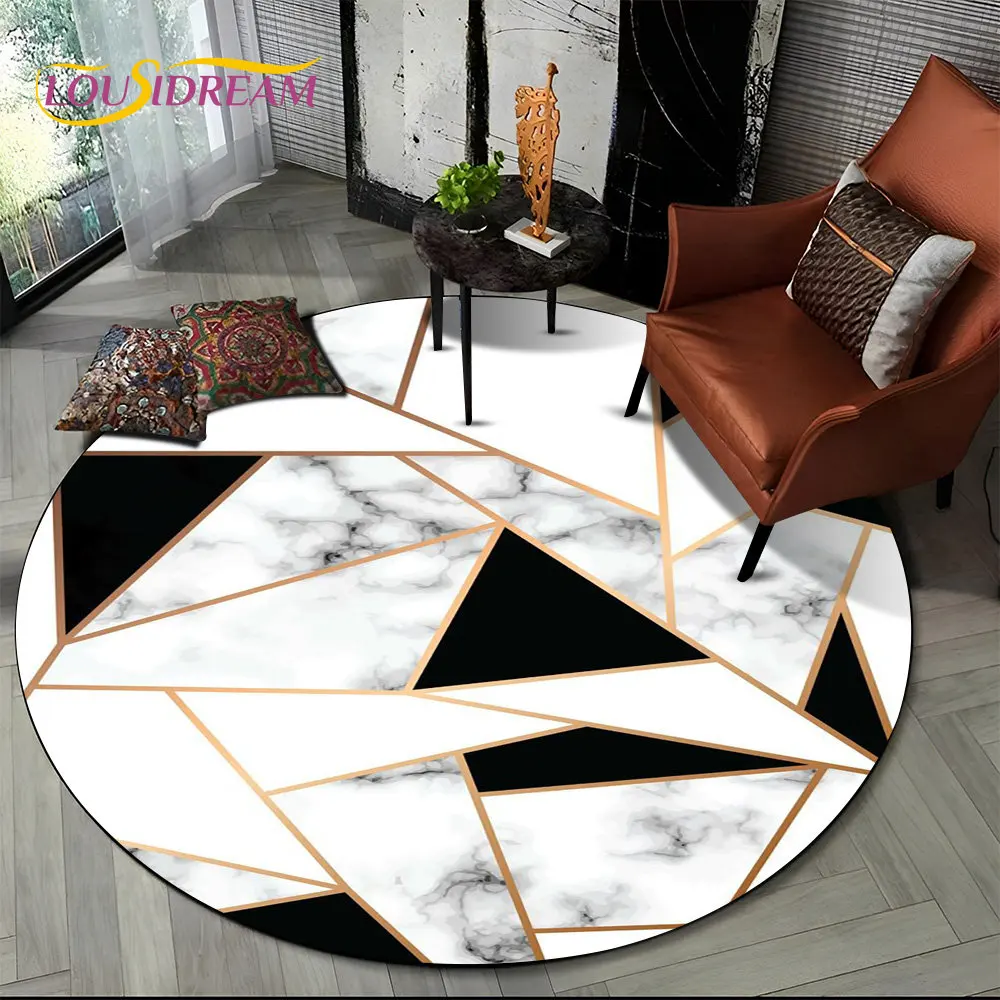 Bstract Geometry Marble Color Gold Round Area Rug, Circle Carpet for Living Room Bedroom Sofa Decor, Kids Floor Mat Kitchen Mat