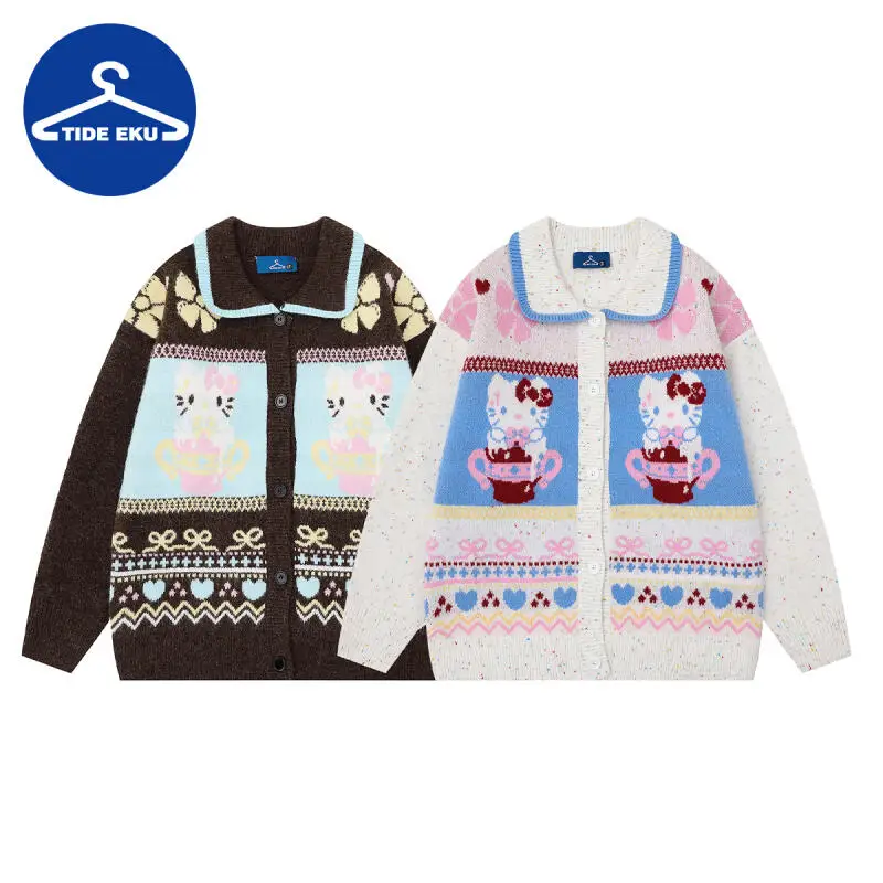 سانريو جريل مرحبا كيتي سترة Kawaii أنيمي موضة طالب عادية مستديرة الرقبة الخريف الشتاء تريكو سترة بلايز نمط جديد