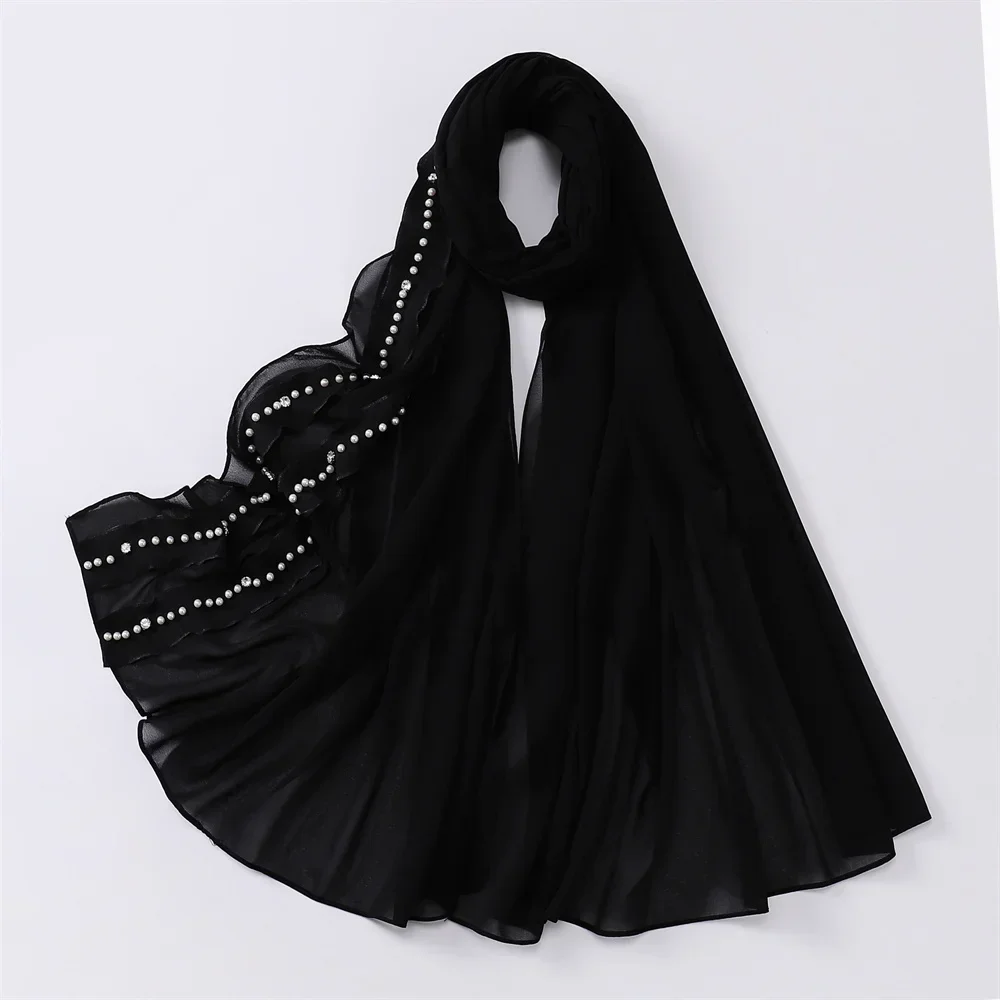 Muslim Women Ladies Premium Heavy Chiffon With Embroidery Malaysia Sulam Shawl Head Scarf With Ruffle Lace Studded Pearl Hijab