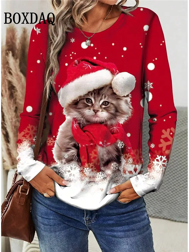 Christmas Snowflake Print T Shirt Casual Cute Cat Graphic O-Neck Long Sleeves Top Tee Women Clothes Festival Winter Loose Shirts