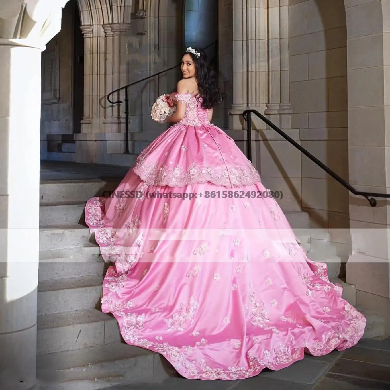 Vestido De baile De quinceañera rosa para mujer, Vestidos De baile para dulce 16, flores 3D, cuentas, satén, cumpleaños, graduación, 15 Años