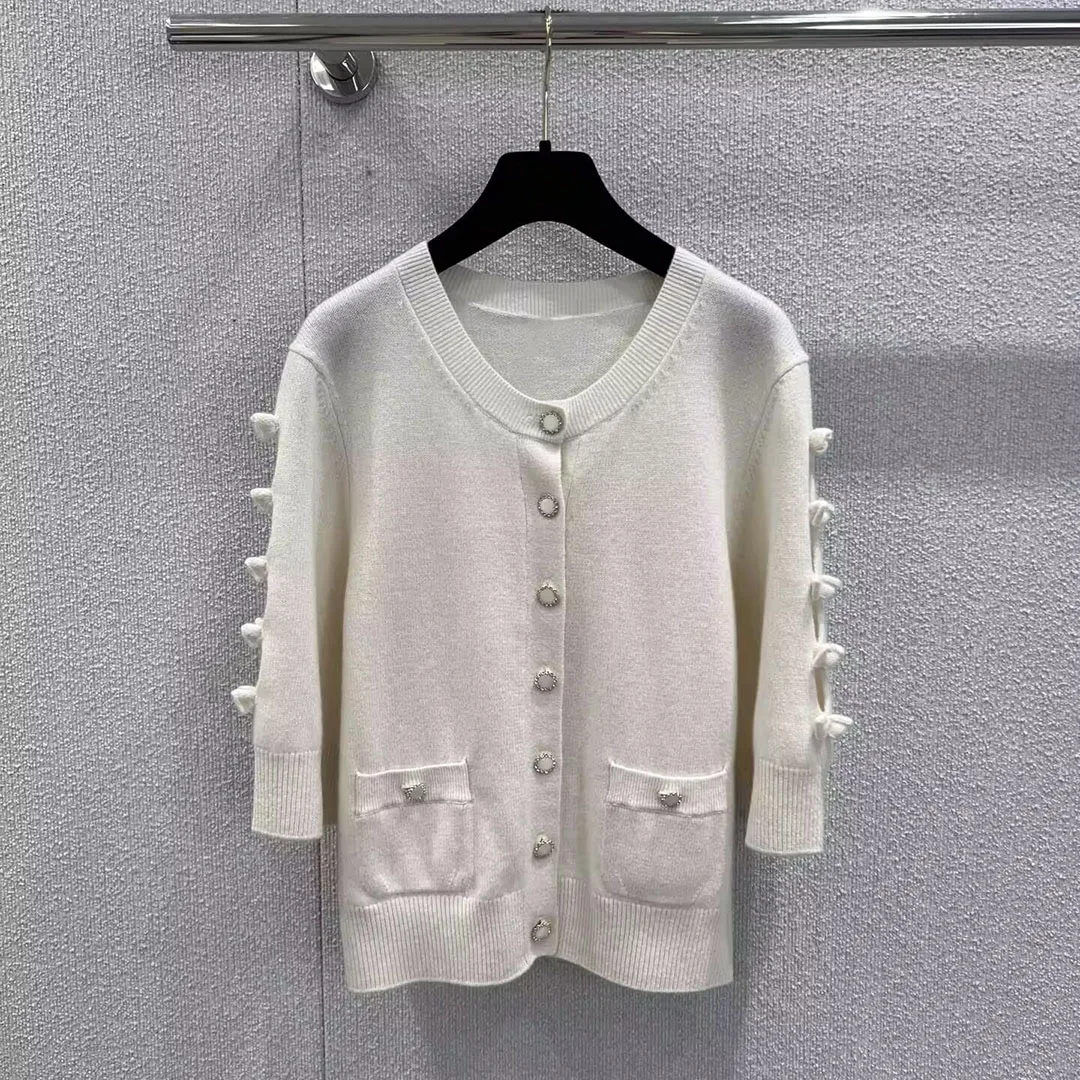 

New Autumn Fashion Luxury 100% Cashmere Knitted Cardigans Women Sweet Hollow Out Bow Three Quarter O-neck Sweet Short Sweater