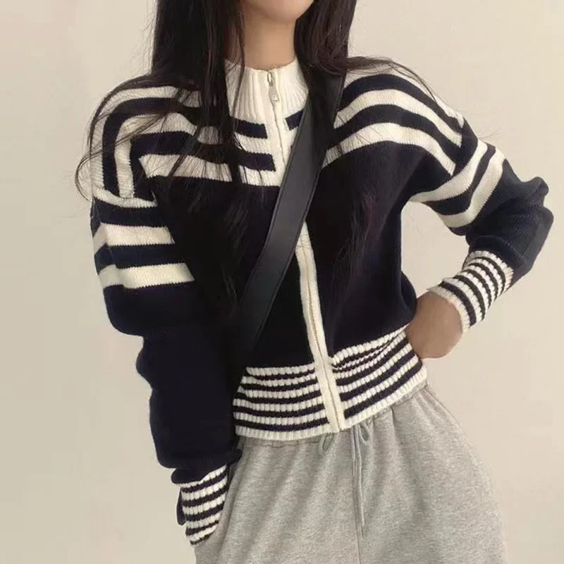 HELIAR Vintage Striped Cropped Cardigan Women Long Sleeve Casual Korean Knitted Tops Fall Zipper Stand Collar Elegant Cardigan