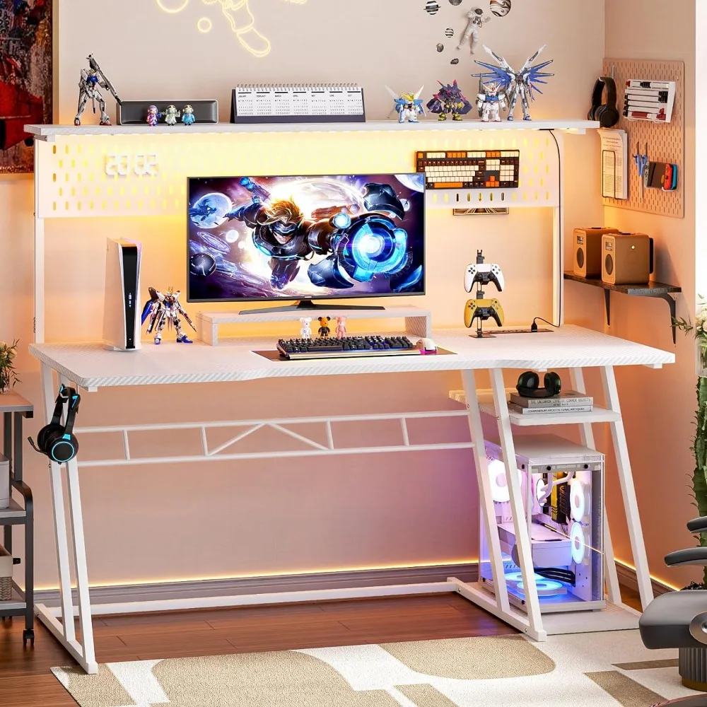 

Computer Desks, 55'' White with Hutch and LED Lights, Gaming Computer Desk with Storage Shelves & Z-Shaped Legs