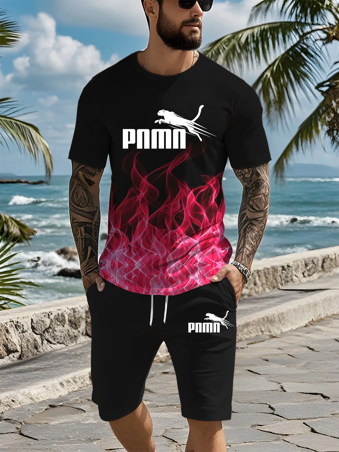 Men's and women's short sleeved 3D flame printed fashion summer casual fashion loose short sleeved set lightweight and breathabl