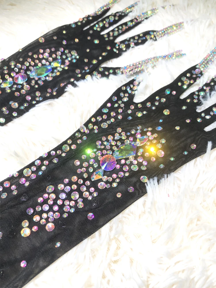 Guantes de malla de cristal brillante para baile de graduación, ropa de noche lujosa, guantes de rendimiento para escenario, Sexy