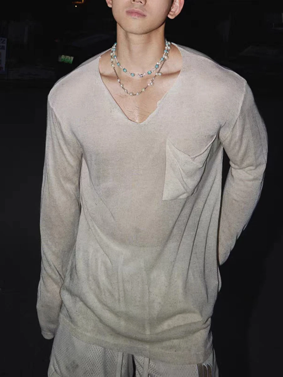 Men's T-shirts Solid Color See-through V-neck Thin Tees Long Sleeved Loose Male Pullover Tops Autumn Night Club Hollow Out Tops