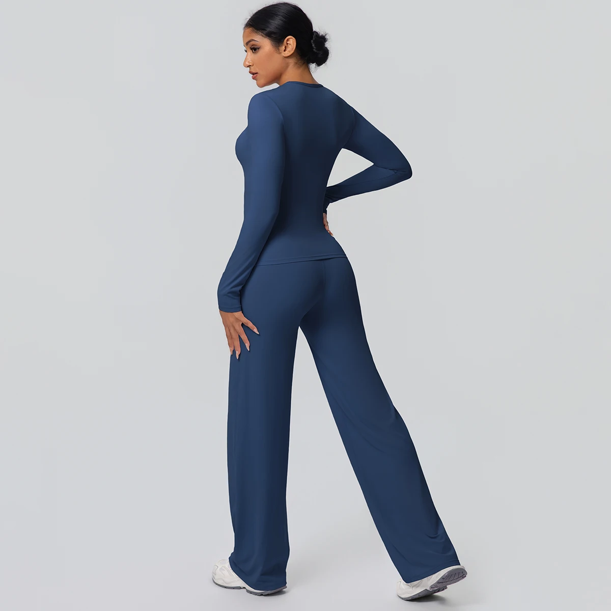 2 stück Frauen Gym Yoga Set Lauf Shirts Schlank Lange Ärmel Workout Top Schnell Trocknend Hohe Stretch Breite Bein Hosen dünne Yoga Set – Detail 22