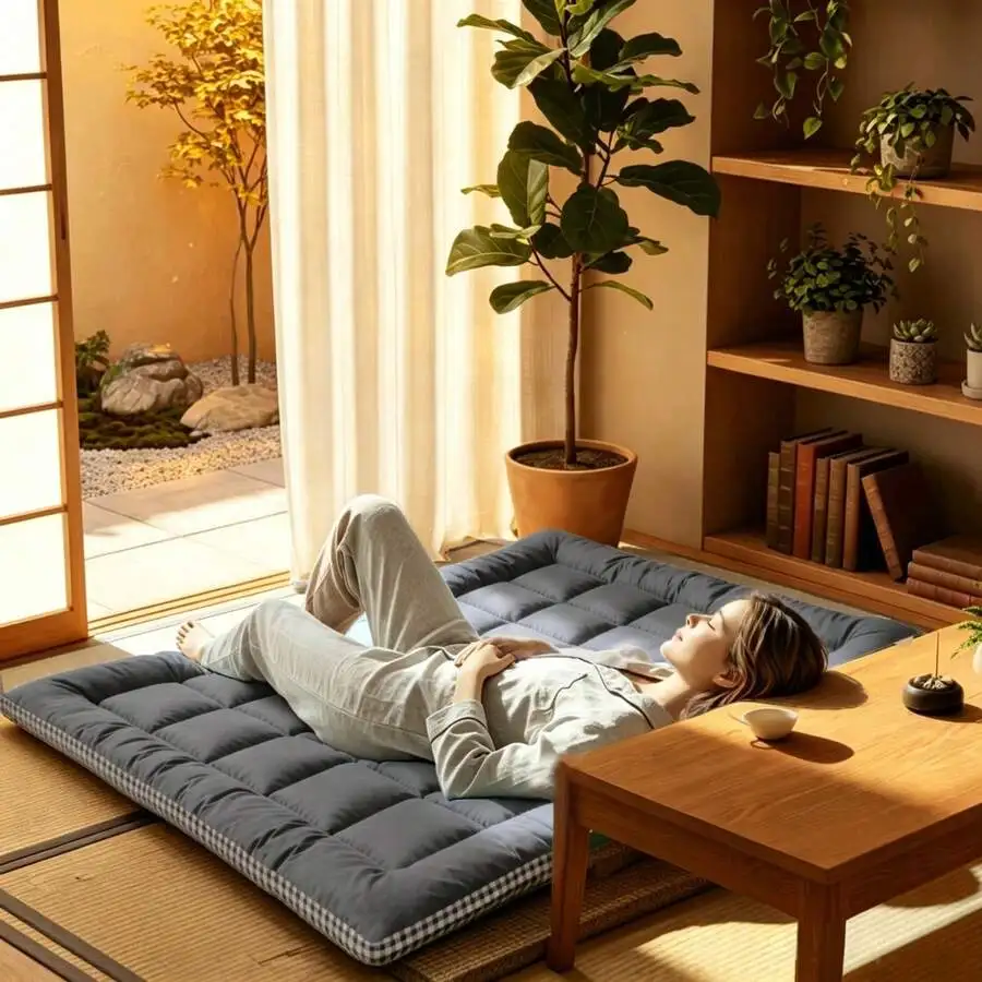 Japanese Floor Mattress Topper, Futon Mattress Topper, Tatami Mat, Sleeping Pad, Foldable Roll-Up Mat For Adults In Dormitories, Four Corner Tie Strap Design