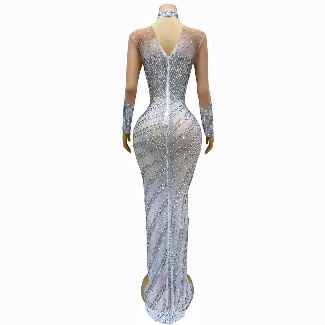 Sexy Stage Elegant Luxury Sparkly Silver Rhinestones Long sleeves Split Dress Women Evening Party Red carpet Gown Costume