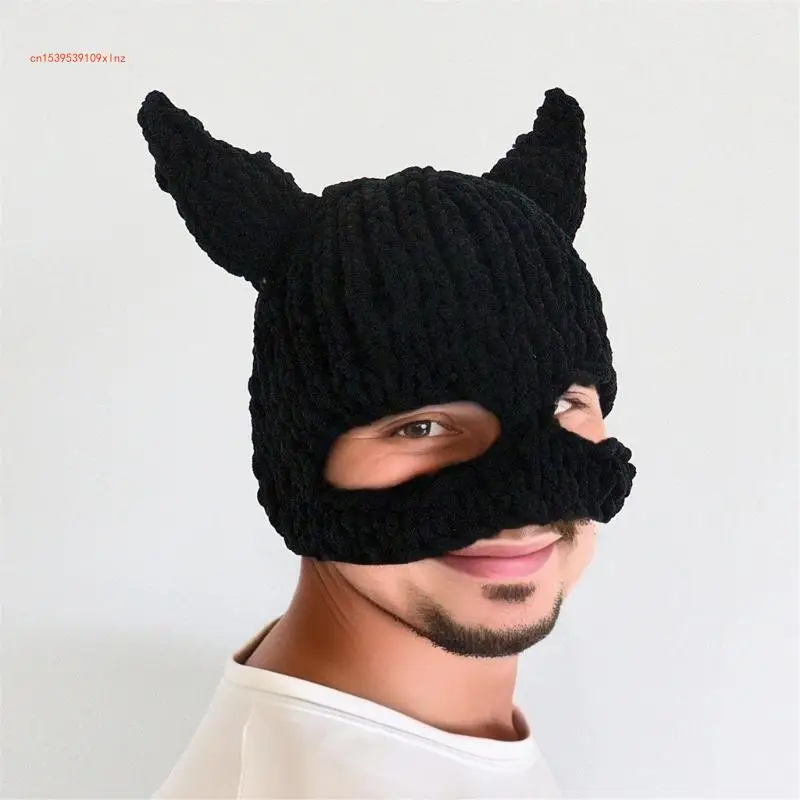 Handcrochet Face Cover Hat for Adult Novelty Devil Horn Halloween Hat Men’s Hooded Hat Unisex Outdoor Sport Hat Headgear