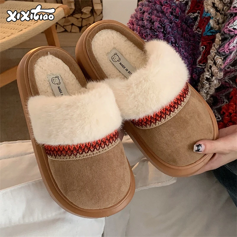 XIXITIAO Winter Warm Cotton Slippers for Women Fashion Comfort Plush Light Anti-slip Platform Shoes Color-block Fluffy Footwear