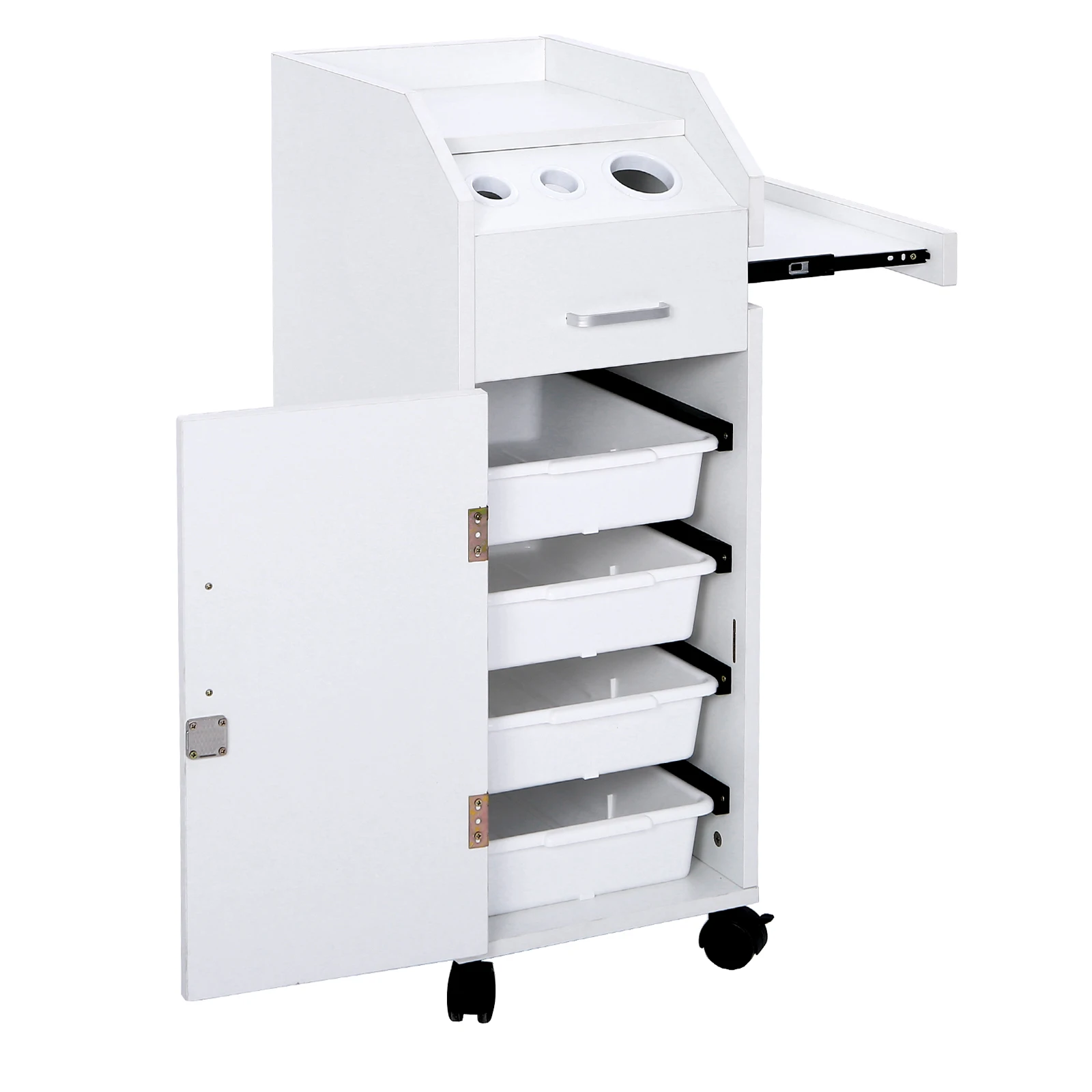 Hair Salon Storage Cart with Wheels & 3 Hair Dryer Holders & 4 Drawers & Lock & 2 Keys, White