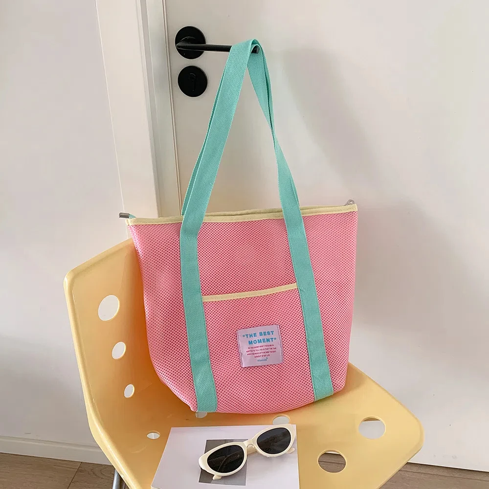 حقيبة كتف شبكية ملونة، حقيبة تدريس للطلاب، حقيبة تسوق شبكية خفيفة الوزن، حقيبة يد شبكية محمولة للنساء #3