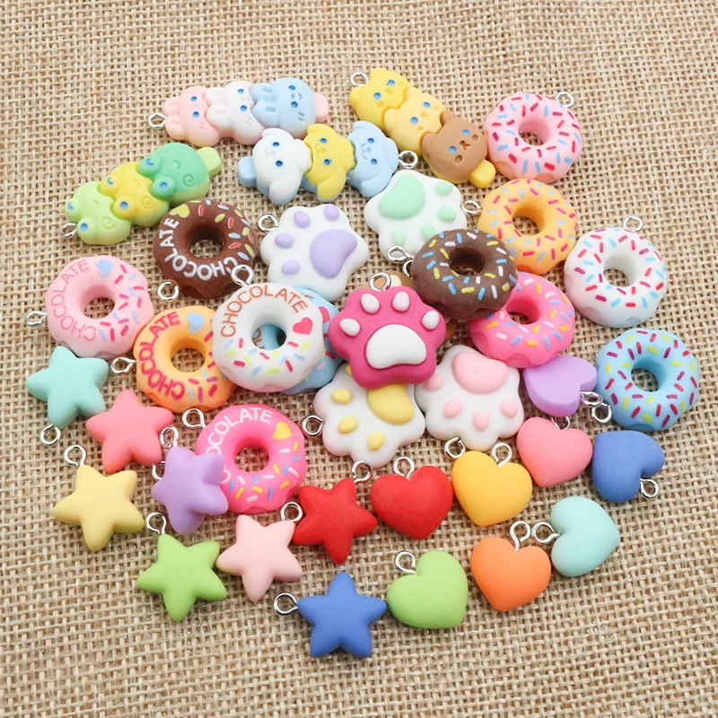 10Pcs Random Colors Mixed Star Heart Cake Charms Resin Glitter Cute Necklace Keychain Pendant DIY Keychain Making Accessories