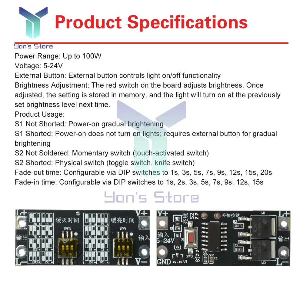100-W-LED-Dimmermodul mit Softstart-Stopp-Speicherfunktion, breite Spannung 5–24 V für LED-Streifenlichter