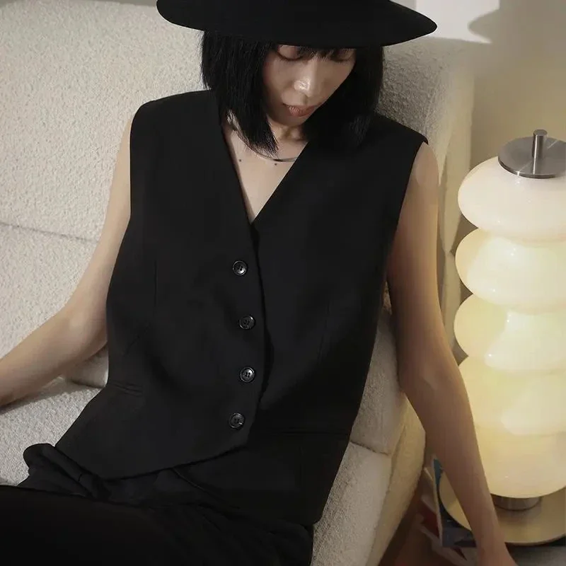 

Летняя куртка без рукавов, новая уличная одежда, винтажный облегающий жилет, топ, черный костюм, жилет для женщин, корейская мода, шикарный дизайн